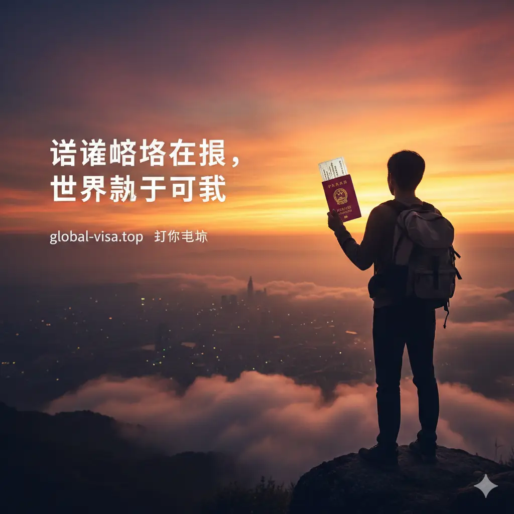 一名身背双肩包的年轻旅行者站在高耸的山顶俯瞰远处的云海或异国城市天际线,手中拿着中国护照。画面整体充满自由感和希望感,天空呈现出绚丽的日落余晖。构图开阔,远景虚化,文字区域留白充足。整体设计传达出‘掌握签证攻略,世界触手可及’的总结性意境,呼应global-visa.top为旅行者保驾护航的品牌宗旨。