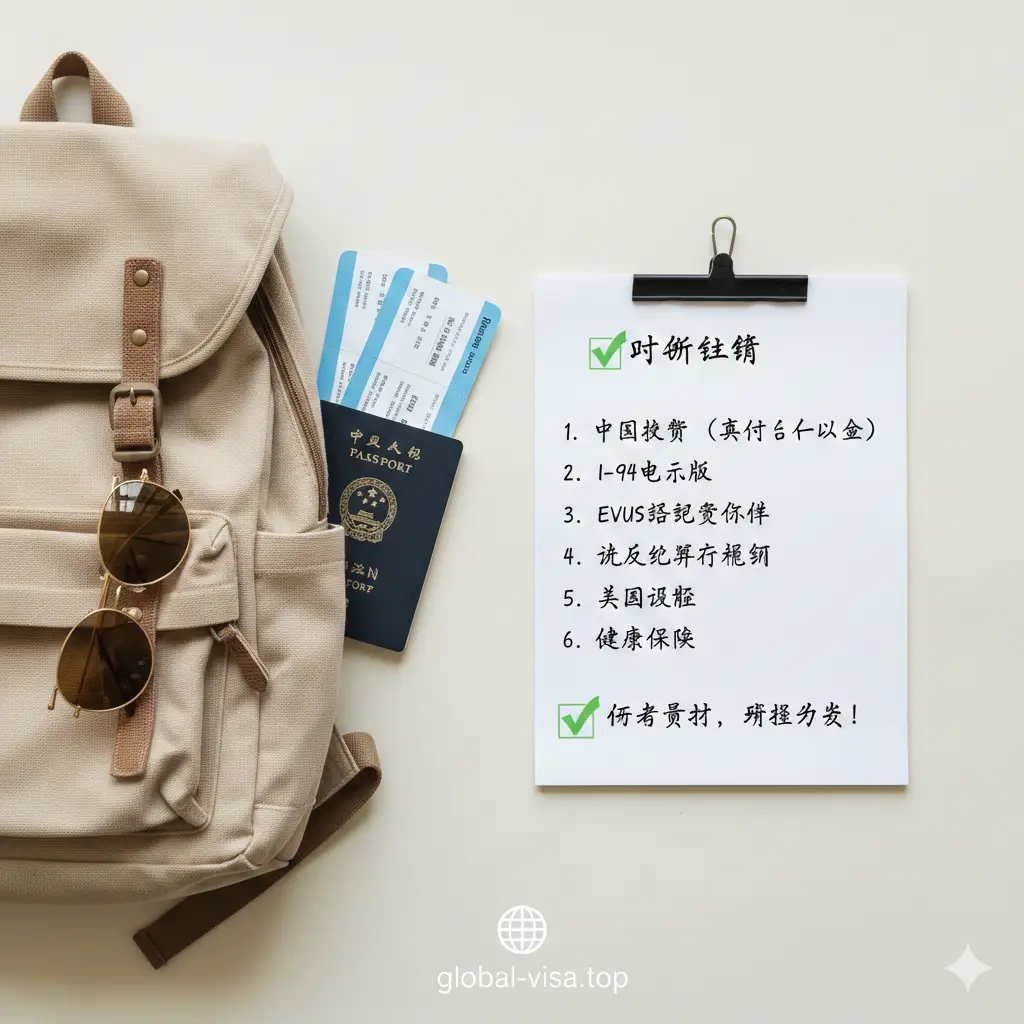 一张总结性质的视觉清单图。画面左侧是一个旅行背包和折叠的太阳镜,右侧是一份列好的‘Checklist’,条目包括护照、I-94电子版、EVUS确认件等。底部带有 global-visa.top 的品牌Logo标识,采用极简主义摄影风格,俯视拍摄(Flat Lay)。整体色调清新自然,给人以‘万事俱备,准备出发’的收尾感,提示读者保存好这份出行清单,完美呼应文章的总结部分。
