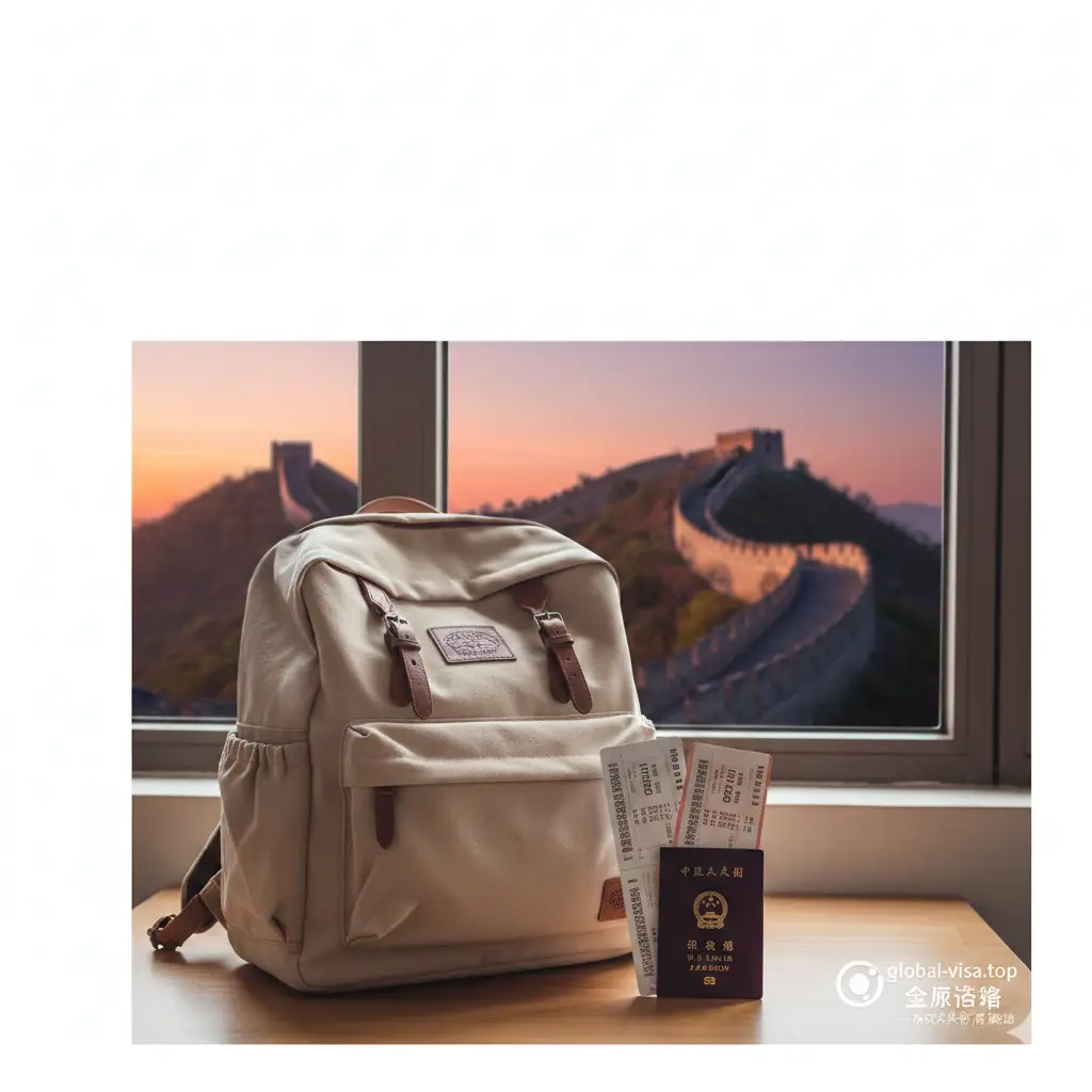 一张温馨的旅行总结图。画面是一个整理整齐的旅行背包,旁边放着车票打印件和护照,背景是远处的中国地标建筑(如东方明珠或长城)。画面上方留白,适合放置总结性文字。整体风格偏向生活方式摄影,光影柔和。右下角含蓄地融入global-visa.top的品牌元素,象征着为您提供从签证到交通的一站式来华旅行解决方案,完美收尾。