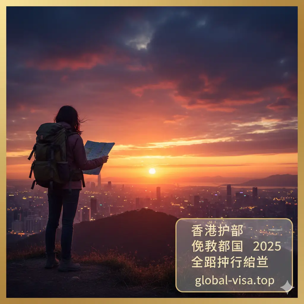 总结性图片，展示一名背着背包的旅行者在落日余晖下望向远方的城市天际线，手中拿着折叠的地图。画面充满了对旅程的期待感和自由感。色彩以温暖的橙色和深紫色交织，构图采用黄金分割比例，底部留有空间感，象征着持有香港护照在2025年通行全球的圆满总结与美好前景。