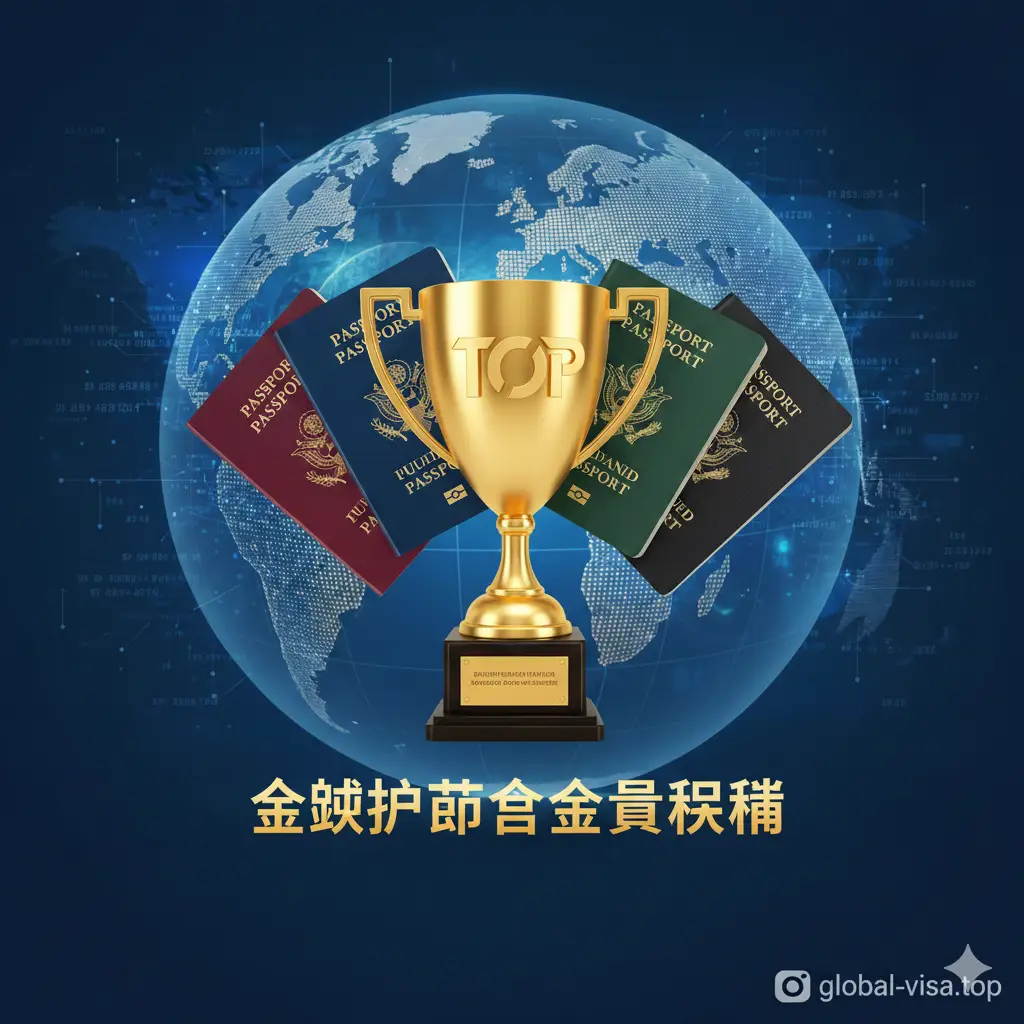 文章封面图。主体应是多本不同颜色的护照（红、蓝、绿、黑），以地球仪或世界地图为背景，护照以扇形或叠加方式排列，代表“各国护照”。视觉中心突出一个金色奖杯或“TOP”标志，象征“护照含金量排名”。整体风格科技感、权威、高端，色彩以深蓝和金色为主，象征全球流动性与财富。构图大气，能吸引眼球。