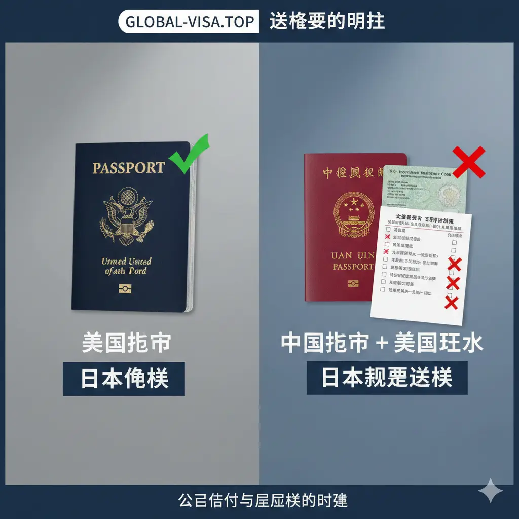 A split-screen visual comparison. On one side, a US passport with a checkmark indicating 'Visa Free'. On the other side, a Chinese passport with a US Green Card and a document checklist, indicating the need for a visa application.