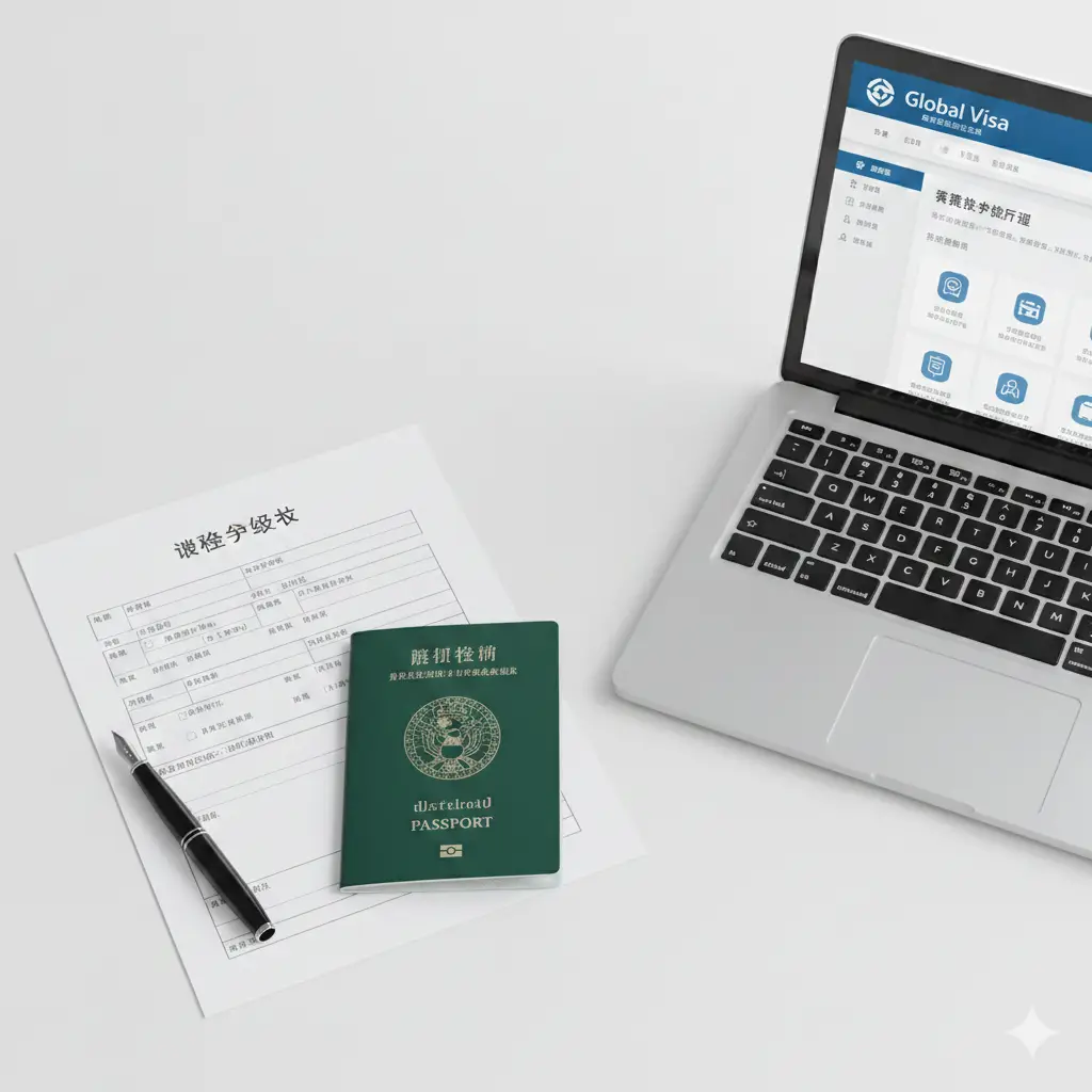 一张清晰的教程步骤示意图。采用干净的现代办公桌面作为背景，放置着绿色护照、专业签证申请表、一只精致的钢笔以及一台显示Global Visa官方页面的笔记本电脑。构图采用俯瞰视角（Flat Lay），画面中有序排列着象征申请流程的元素，色彩明亮自然，传达出签证办理过程的专业性与条理性。