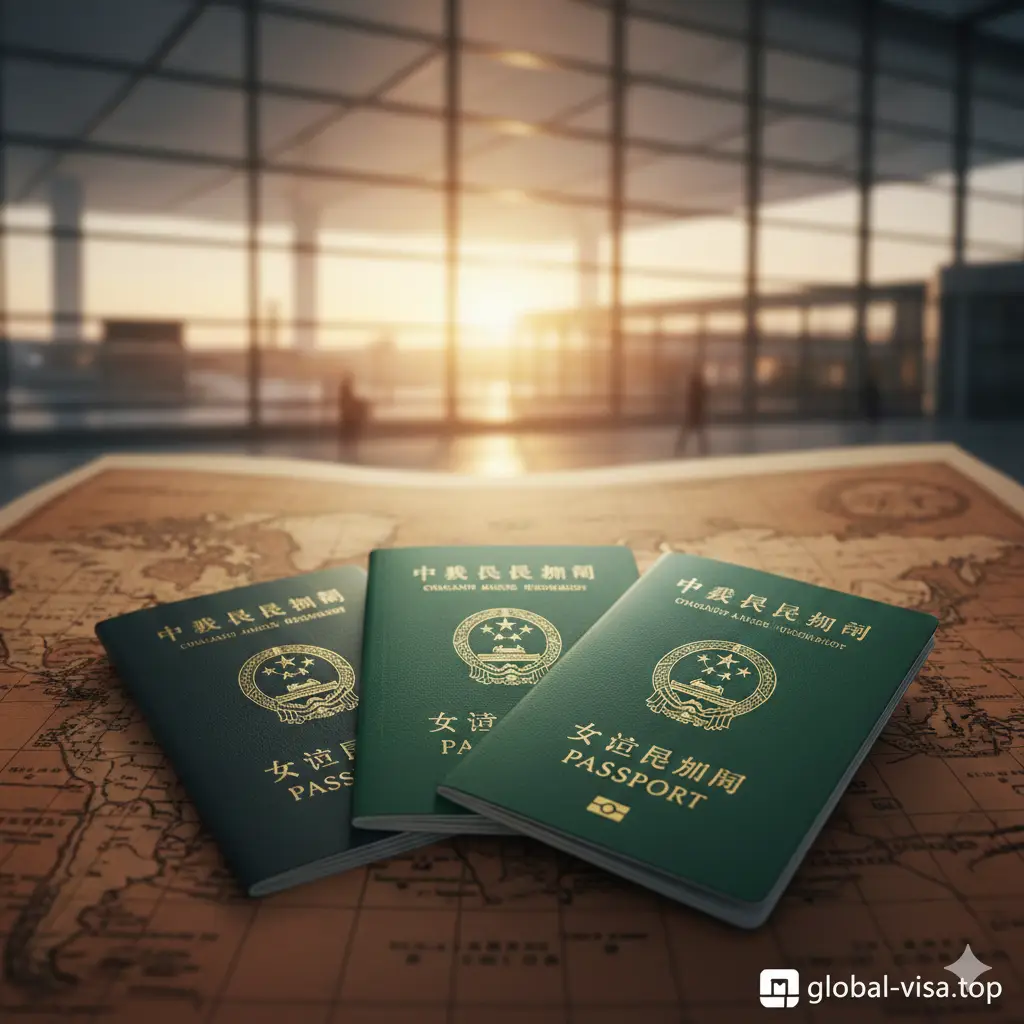 一张极具质感的封面大图，中心焦点是几本不同色调的绿色护照（如墨绿色和翠绿色）整齐堆叠在精致的皮革旅行地图上。背景是模糊的国际机场航站楼玻璃幕墙，透射出温暖的夕阳金光。画面构图采用大光圈深景别，强调护照封面的烫金纹理，整体色调高端、专业且充满国际旅行的氛围感。