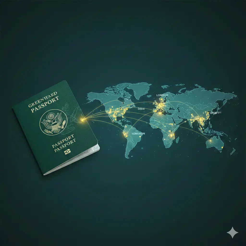 一张展示全球通行功能的视觉图。画面左侧显示一本翻开的绿色护照，右侧延伸出半透明的数字化世界地图。地图上用发光的线条连接着台北、迪拜、伦敦、纽约等主要城市。色彩以深绿色和科技蓝为主调，点缀代表免签区域的金色亮点，生动直观地体现护照在不同国家间的通达性与含金量对比。