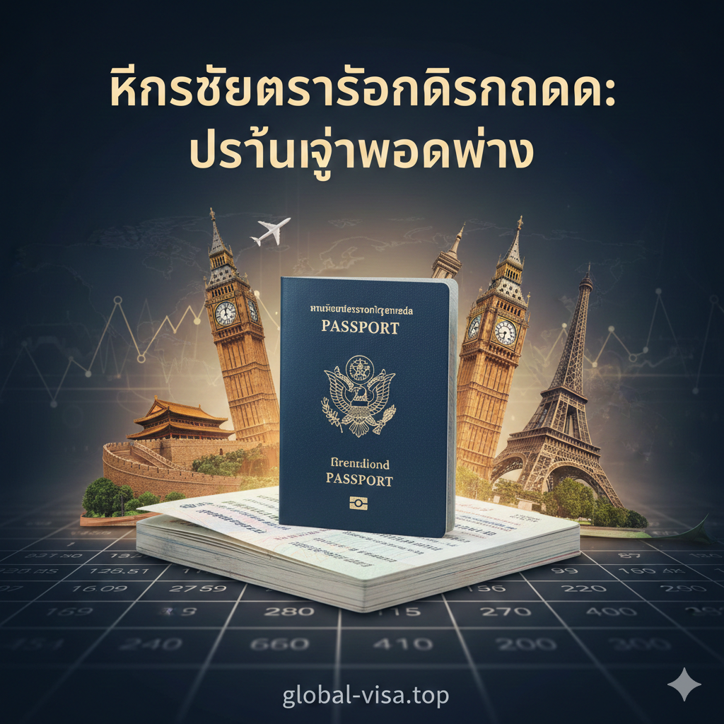 展示优势的视觉图像。中心是一本张开的格林纳达护照，周围环绕着标志性的全球建筑：如中国的长城、英国的大本钟、巴黎的埃菲尔铁塔。画面使用了明亮的暖色调，象征旅行的自由与无忧。背景融入了一些税务计算器的线条感，体现免税天堂的经济优势。整体风格大气，充满国际化视野，强调‘一证在手，全球通行’。