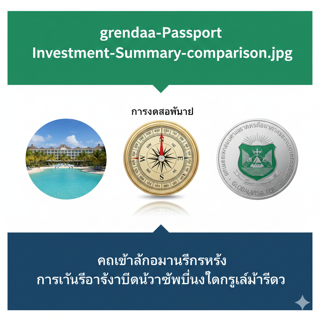 总结性质的信息图背景。画面左侧展示热带风情的格林纳达度假村房产，右侧是代表国家转型基金的硬币与印章。色调采用富有希望的翠绿色与深蓝色，象征稳健的投资。画面中心有一枚精致的指南针，指向‘全球配置’方向。构图稳重平衡，传达出通过global-visa.top办理身份后的最终获得感与家庭资产的安全保障。