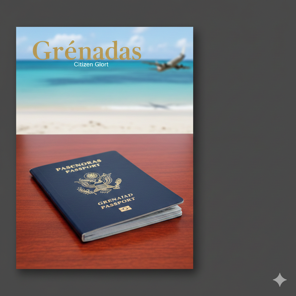 一张极具质感的封面大图。画面中心是一本深蓝色的格林纳达护照，封面上印有金色的国徽。护照放置在质地精良的红木办公桌上，背景是模糊的加勒比海滩海景与一架飞往美国的民航飞机剪影。整体色调偏向高端商务金与深海蓝，光影柔和，体现出‘全球公民’与‘高净值身份’的尊贵感，画面右侧留白以便后期添加文字。