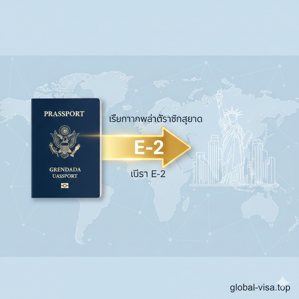一张展示功能性的概念图。构图采用左右对比或连接方式：左侧是格林纳达护照元素，右侧是象征美国的自由女神像或华尔街建筑群。中间由一个发光的金色箭头连接，箭头中心标注着‘E-2’。色调以清爽的亮蓝色和白色为主，背景点缀着世界地图的几何线条，视觉焦点集中ใน‘快速通往美国’的连接感上，风格现代且专业。