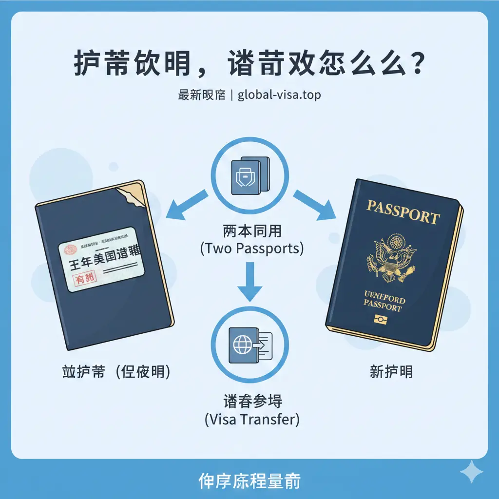 教育类插画风格，展示如何处理‘旧护照上有有效签证’的场景。左侧是一本剪角过期的旧护照，翻开页显示有效的十年美签；右侧是一本崭新的新护照。中间用箭头连接，并展示两种路径图标：一个是‘两本同用’（Two Passports）的图标，另一个是‘签证转移’（Visa Transfer）的图标。配色清晰明快，使用引导性的线条，直观演示操作流程。