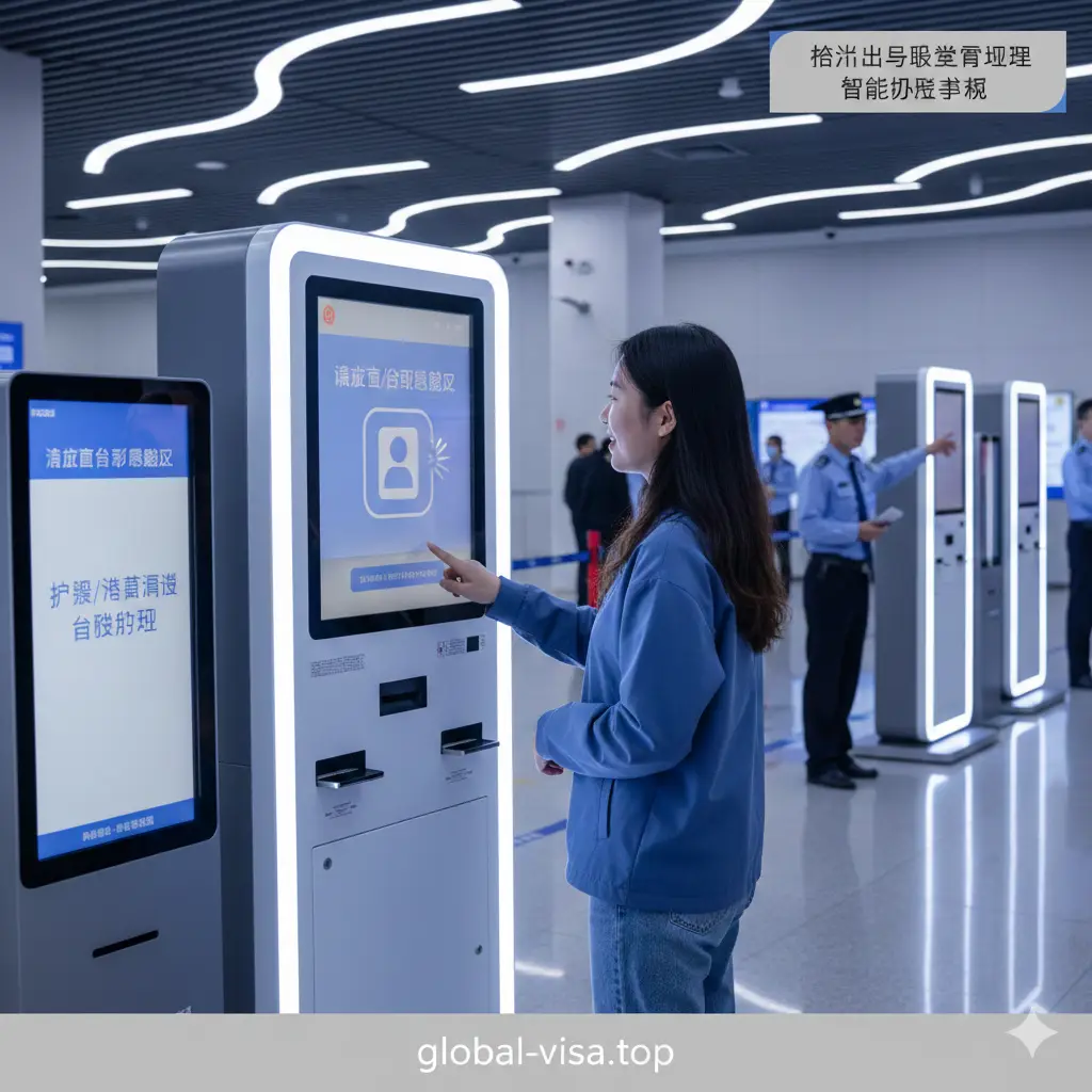 展示杭州出入境大厅现代化、智能化的办理场景。画面聚焦于一台亮着屏幕的自助填表机或自助照相机，一名市民正在轻松操作，屏幕上依稀可见'身份证感应区'的提示。背景是整洁宽敞的大厅环境，有模糊的工作人员引导。色彩偏向冷色调，强调'智能'与'便捷'，对应文章中提到的无需提前打印、现场自助办理的教程步骤，传达高效办证的视觉感受。