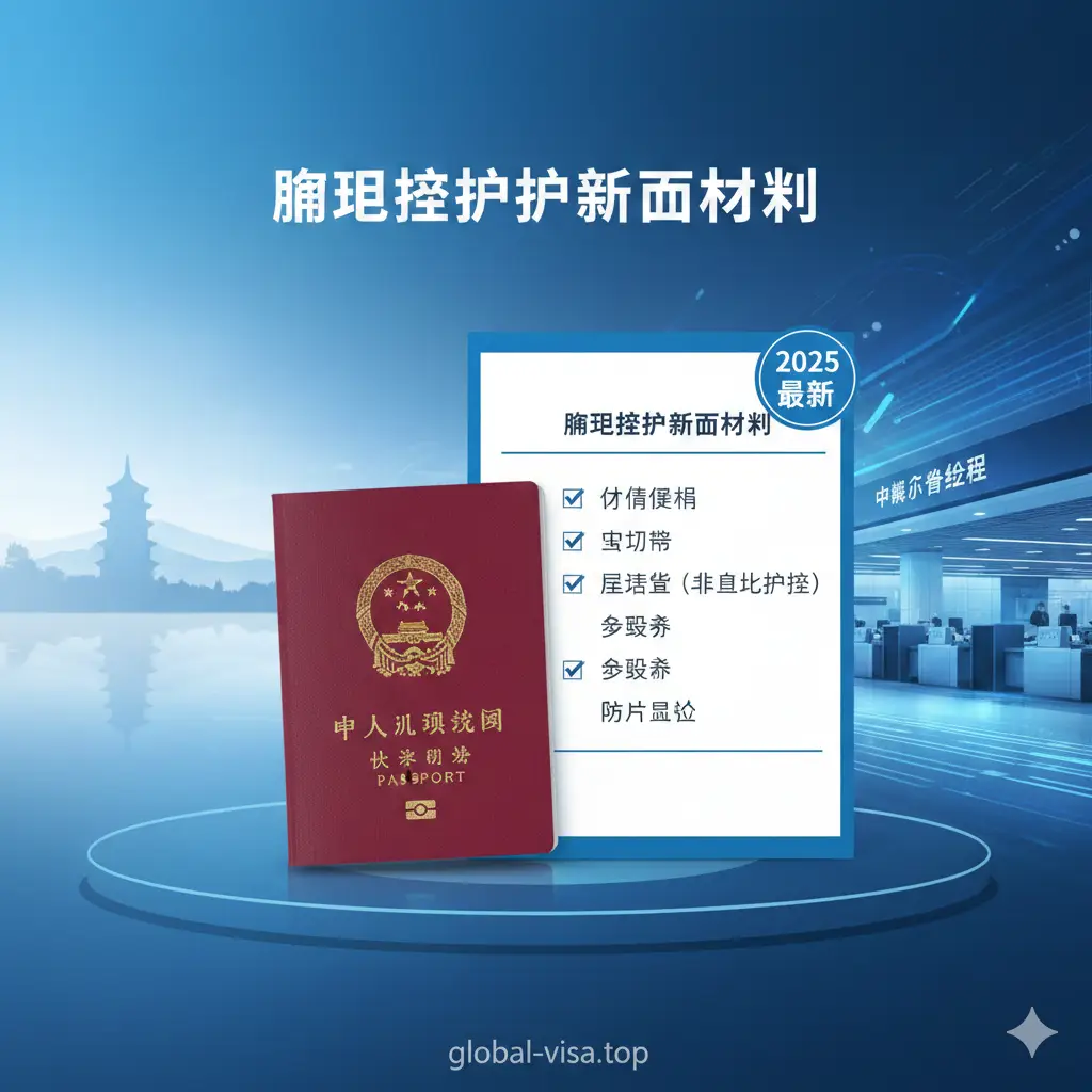 一张清晰、专业的指南封面图。背景融合了杭州标志性建筑（如淡雅的西湖或雷峰塔剪影）与现代化的出入境大厅元素，色调以象征政务服务的科技蓝和纯净白为主。画面中心突出展示一本中国护照和一份打钩的材料清单，旁边配有'2025最新'字样的徽章设计。光线明亮柔和，整体风格简约大气，符合global-visa.top的专业签证咨询形象，一眼就能让用户明白这是关于杭州护照办理的权威指南。
