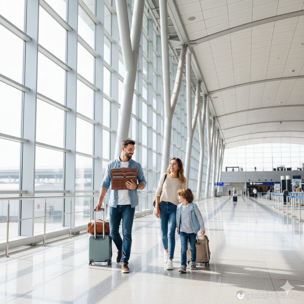 一张充满情绪感染力的全景图，展示一家三口在阳光明媚的机场大厅愉快地行走，拖着行李箱准备出发。父亲手中自信地拿着一个大容量的家庭版护照收纳包，母亲和孩子在大笑。光线明亮通透，构图利用机场建筑线条引导视线，象征着因为做好了证件安全管理，从而拥有了无后顾之忧、轻松愉悦的完美旅程。