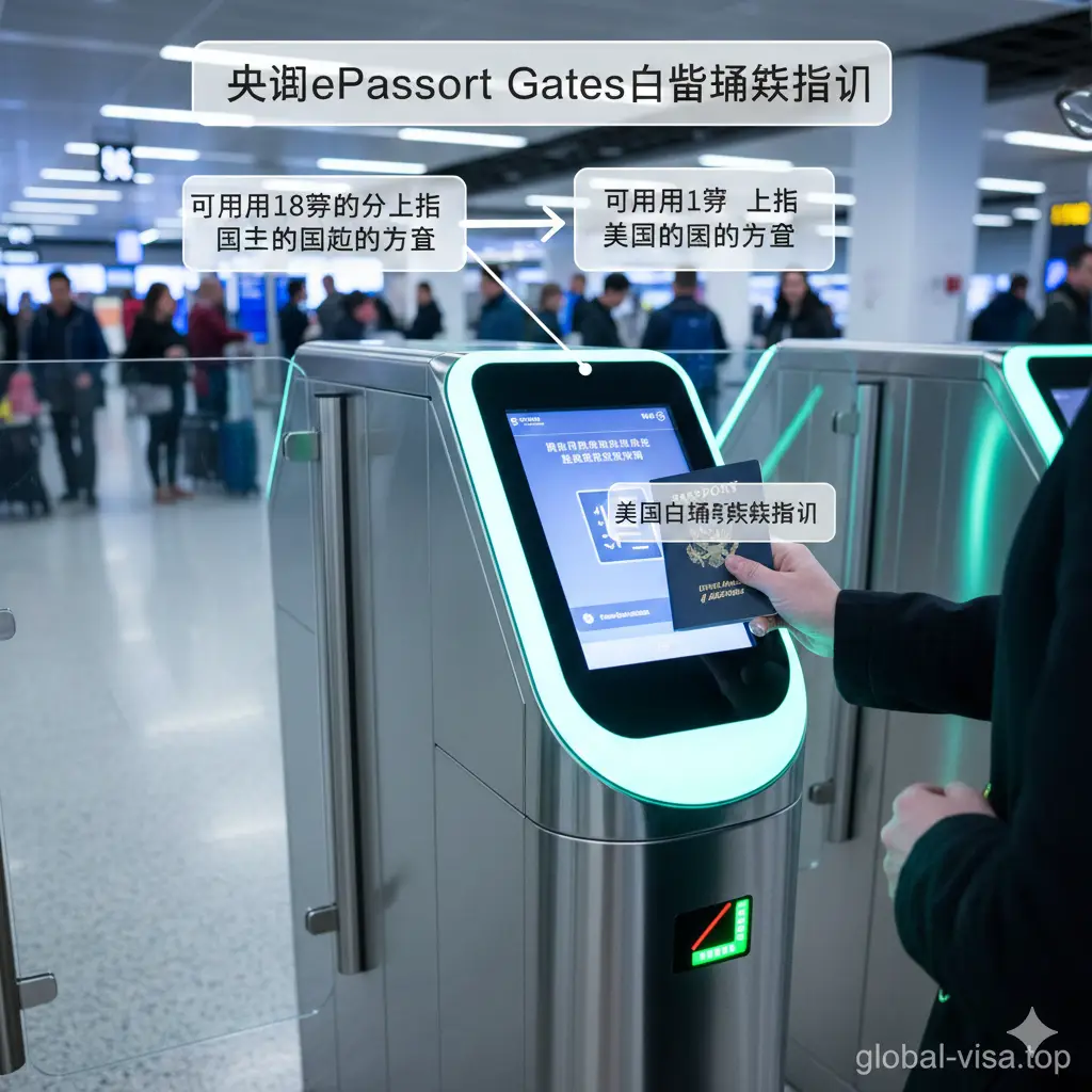 一张实景风格的教程指引图，清晰地展示英国机场（如希思罗机场）的ePassport Gates电子闸机通关流程。画面中一位旅客正手持美国生物特征护照贴近扫描区。光线明亮，画面干净。图中配有简单的半透明标注框，指导用户如何使用自助通道，整体色调具有现代科技感和高效的通关感受。