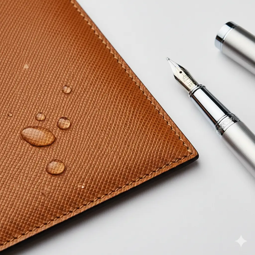 对比展示爱马仕护照夹的材质优势。画面采用微距摄影，一边是标志性的Epsom皮质，展示其独特的十字压纹和防水耐磨特性，水珠在皮质表面形成圆润的颗粒；另一边是与之搭配的商务钢笔。色彩饱和度高，强调坚挺的轮廓和手工双针缝线的工整，体现极高的工艺标准。