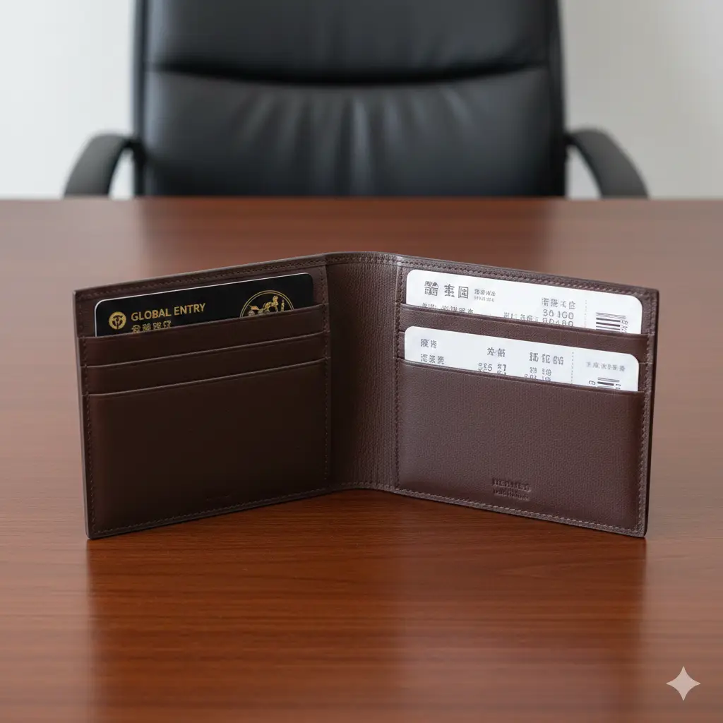 特写展示爱马仕MC2 Magellan护照夹的内部功能。对折展开的视角，清晰展示内侧的多个卡槽和护照插槽，内部插入了黑色的Global Entry卡和一张精致的登机牌。背景是干净的深色木质办公桌面。构图平实、信息量丰富，展示其强大的收纳能力和井井有条的商务秩序感。