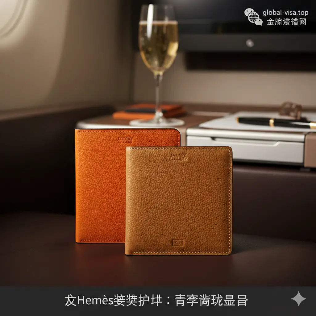 一张极具奢华感的封面图，展示爱马仕经典的Tarmac和MC2护照夹。背景是头等舱的皮质座椅和一杯香槟，光影柔和，采用侧光凸显Epsom皮质的细腻纹理。色调以爱马仕橙、金棕色为主。构图采用景深效果，将焦点集中在护照夹精致的缝线和品牌标志上，传达出高端商旅的氛围。