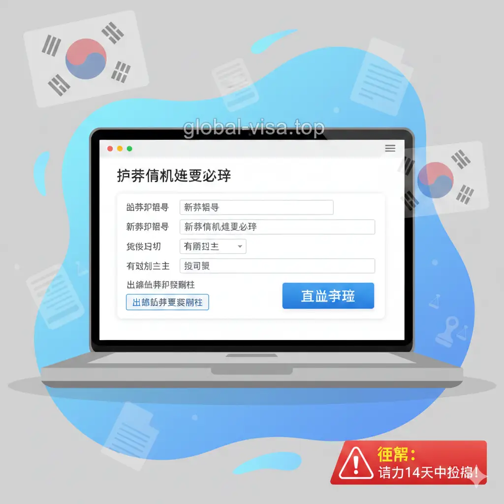 模拟HiKorea官方网站操作界面的插画。画面展示了一个现代化的笔记本电脑屏幕，屏幕上显示出清晰的护照信息变更申请表格。背景点缀着韩国国旗元素和法律文书图标，强调14天内申报的紧迫性。风格采用扁平化矢量设计，使用柔和的灰色和亮蓝色背景，重点突出‘Apply’按钮，旨在引导用户理解在线操作流程。