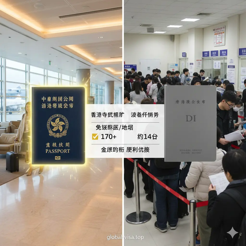 一张对比感强烈的视觉图。左侧是深蓝色的香港特区护照，散发着金色的光芒，背景是通畅的机场贵宾厅；右侧是灰色的签证身份书（DI），背景是需要排队的签证窗口。中间使用极简的对比表格元素，突显免签国家数量170+的绝对优势。构图整齐，利用明暗对比强调香港护照作为‘黄金护照’的全球竞争优势，风格严谨且具说服力。