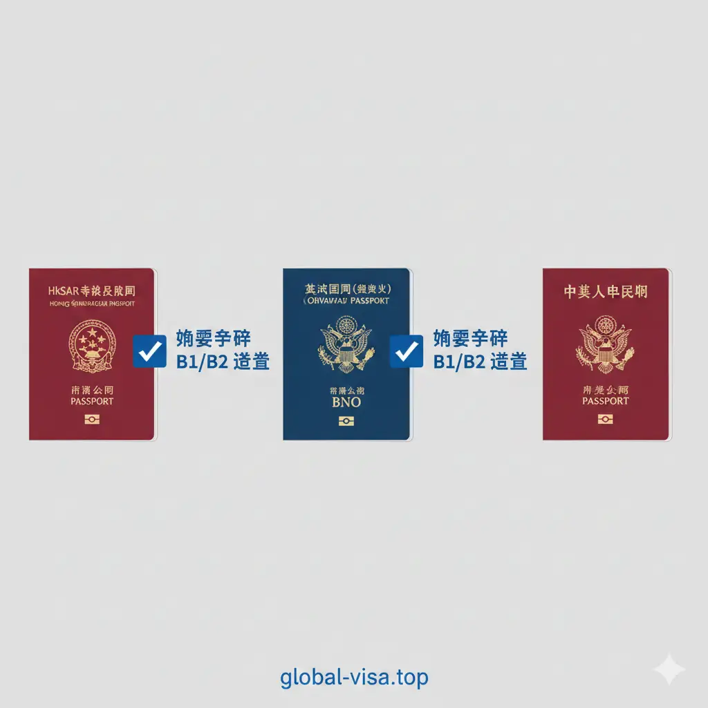 一张对比清晰的功能展示图。采用极简主义风格，背景为干净的浅灰色。画面中心并排展示香港特区护照、BNO护照和中国护照的微缩示意图。每本护照旁边附带一个醒目的蓝色勾选框或说明标签，强调‘均需申请B1/B2签证’。色彩以商务蓝和白色为主，构图整齐，信息传达直观明确。