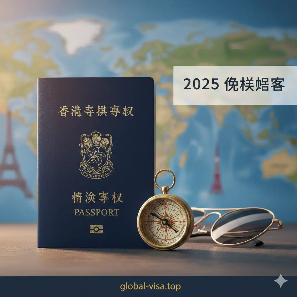 一张高质量的封面大图，背景是模糊的全球地图及著名地标如巴黎铁塔和东京铁塔。画面中央清晰展示一本蓝色的香港特区护照，旁边放着一个复古指南针和一副时尚墨镜。光线温暖，采用侧光营造质感，构图大气，色彩以深蓝色和金属金色为主调，右上角留有空白以便后期添加2025免签攻略标题。