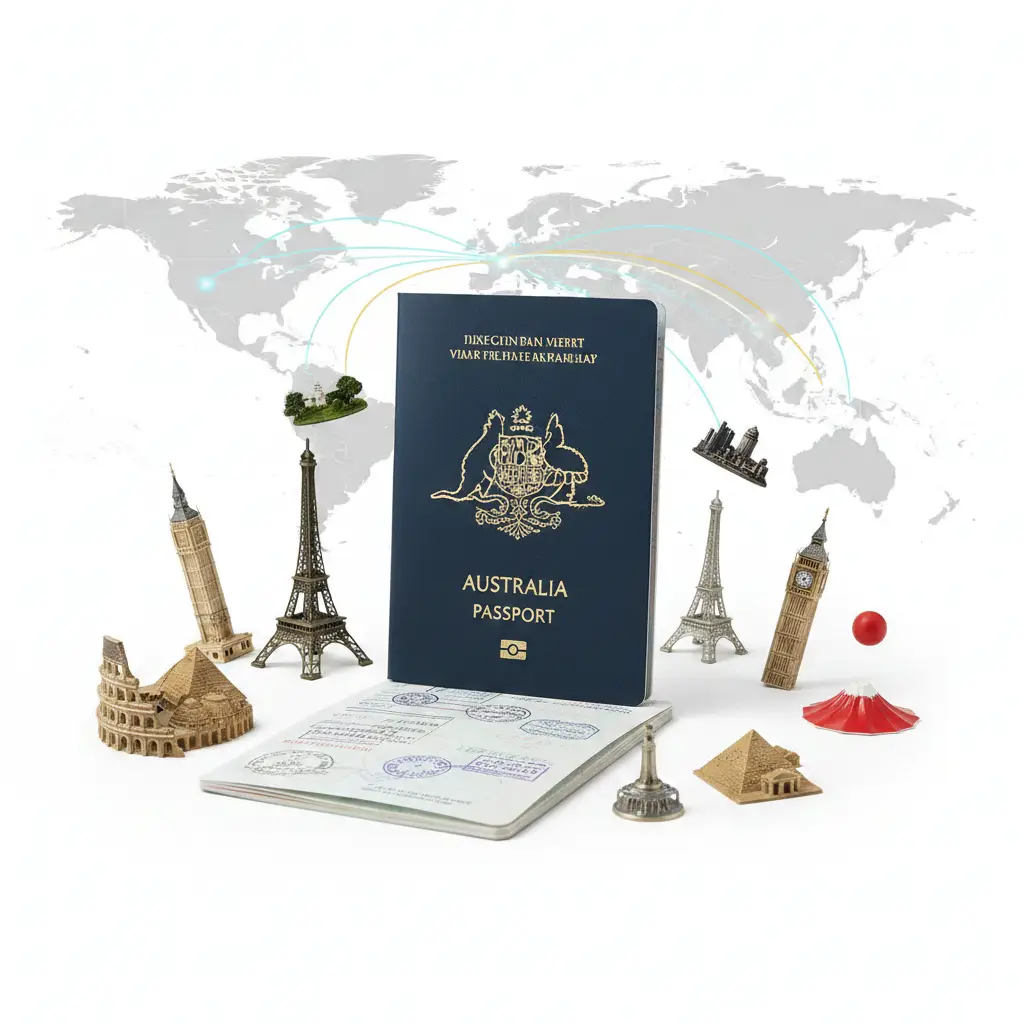 一张现代感十足的扁平化世界地图插画，重点标注出香港护照免签的重点区域，如欧洲申根区、日本、加拿大等，并使用醒目的发光线条连接香港与这些地区。画面中穿插着代表性的地标剪影（如巴黎铁塔、富士山、伦敦大本钟）。色彩以global-visa.top品牌蓝为主基调，配合亮橙色点缀重要信息，风格专业且充满活力，展示极高的通行功能。