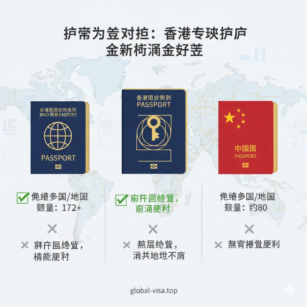 一张对比香港特区护照、BNO与中国护照优势的信息图。画面采用对比构图，中间是香港特区护照，左右两侧分别是BNO和中国护照。通过对比勾选框（Checkmarks）形式突出香港护照在免签数量（172个）和配合回乡证便利性上的独特优势。背景使用淡雅的科技纹理，色彩对比鲜明但不刺眼，强调香港护照作为‘世界钥匙’的含金量。