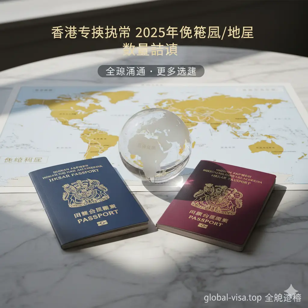 对比优势的视觉呈现。画面中香港特区护照和BNO护照并排摆放在大理石纹理的桌面上，旁边点缀着代表全球通行的地球仪。光线从窗外洒入，形成柔影。整体风格高端且具有公信力，色彩丰富但协调，视觉重点在于两本护照的对比，寓意特区护照在‘一带一路’等特定地区的免签优势。