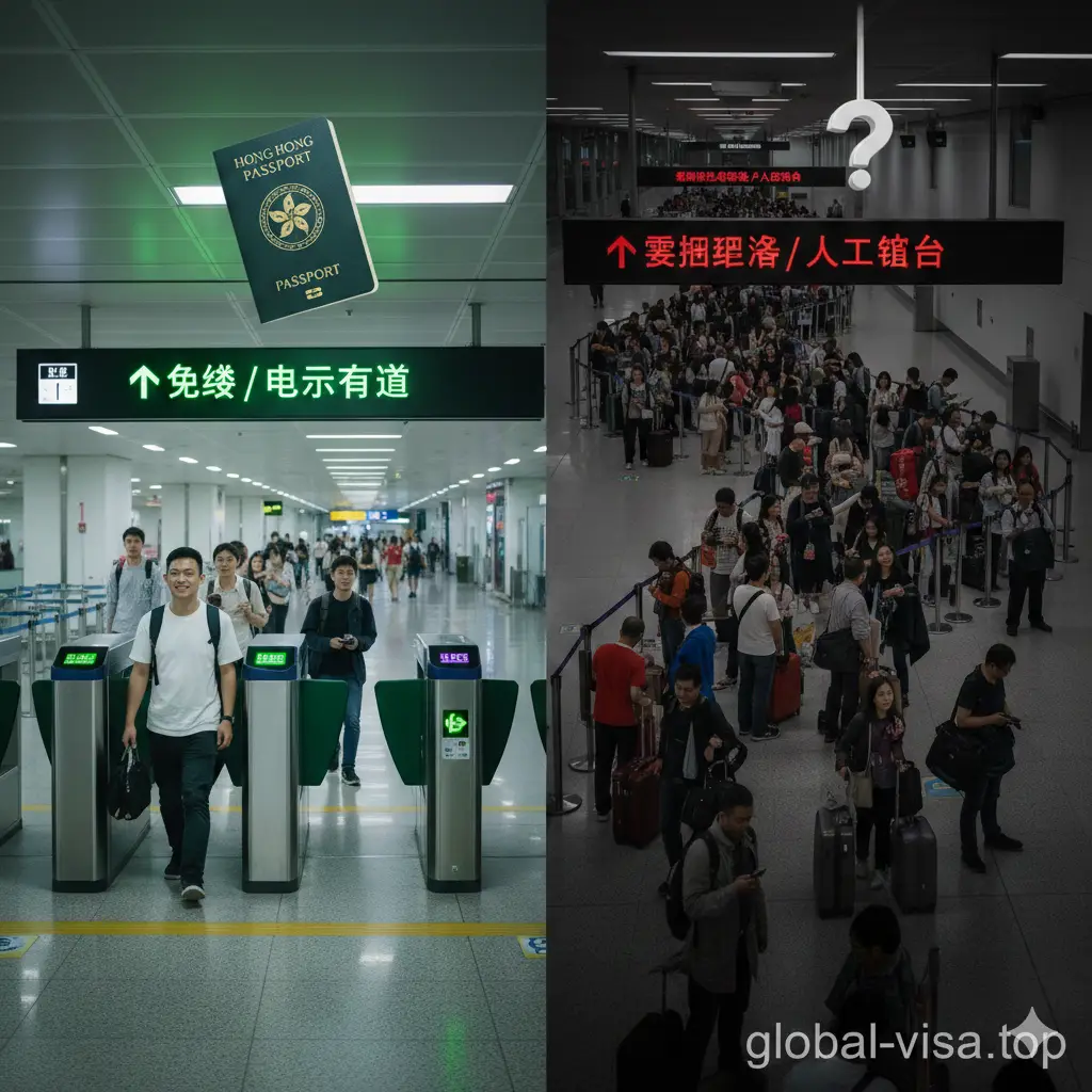 一张概念性图片，展示机场的‘快速通道’场景。画面左侧是标有‘Visa-Free / E-Channel’的畅通闸机，上方悬挂着香港护照的图标；右侧是排长队的‘Visa Required’人工柜台。通过鲜明的对比，视觉化地表达持有香港护照在通关效率上的巨大优势和便利性，风格写实与3D图标结合。