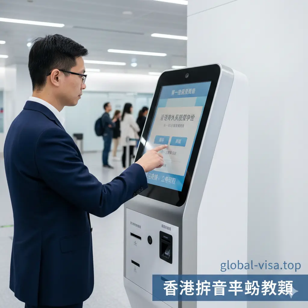 展示香港入境事务处内整洁高效的“申请证件服务站”自助机器操作场景。一名穿着得体的商务人士正在点击屏幕，屏幕上显示清晰的指引界面。构图采用第一人称视角或侧拍，强调科技感与便捷性。背景环境明亮、专业，色调以白色和浅蓝色为主，体现出香港护照办理流程的现代化、数字化与极速体验。