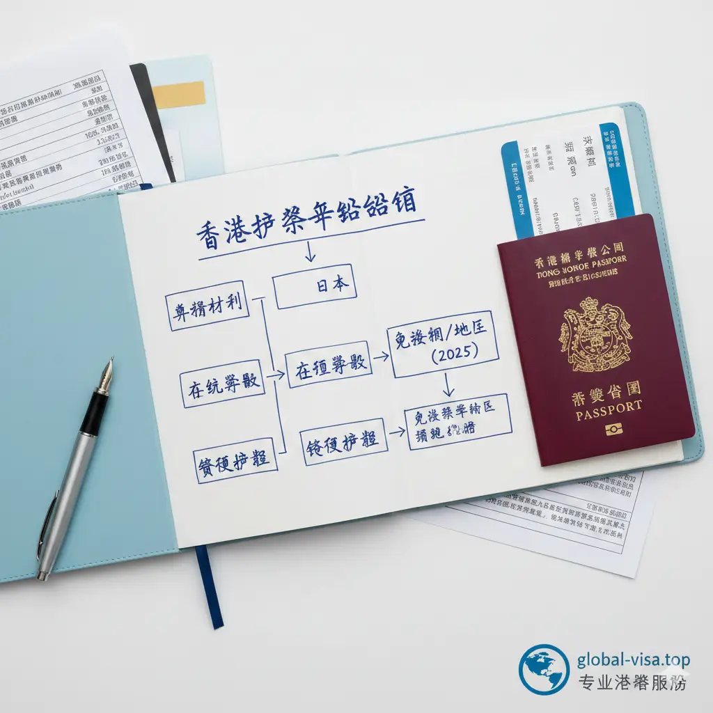 一幅教程风格的插画或实拍。桌面摆放整齐，中心是一张打开的记事本，上面绘制着简单的流程图，旁边放着一支钢笔、一张机票和香港护照。画面展示了准备资料的逻辑感。色彩明快，采用俯视角度（Flat Lay）构图，光线柔和均匀，体现出 global-visa.top 提供的专业分步骤指导和手把手教学感。