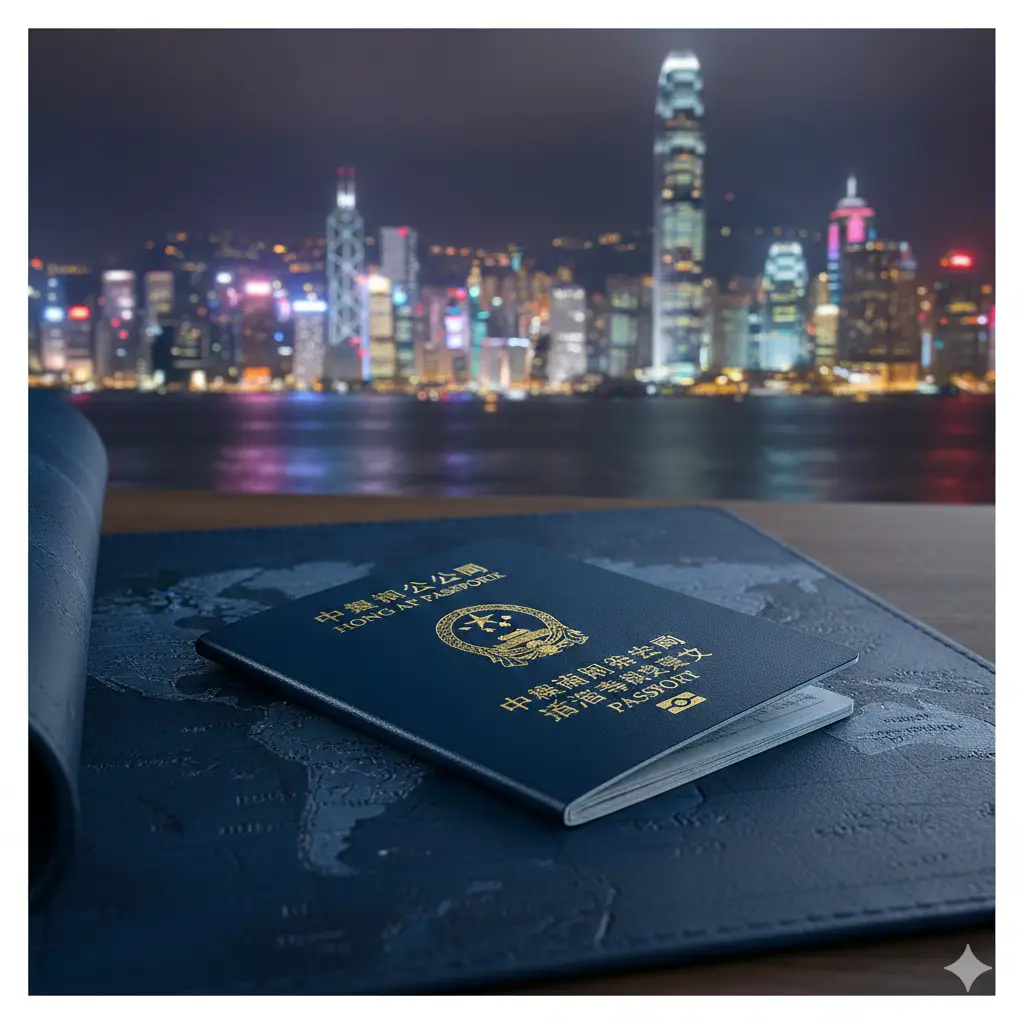 一张极具质感的香港特区护照封面特写，护照放置在精美的深蓝色皮革旅行地图上。背景是模糊的香港维多利亚港天际线夜景，灯火辉煌。构图采用三分法，右侧聚焦护照金色的国徽与文字，左侧留白。整体色调呈现商务、高端的深蓝色与金色对比，营造出一种全球通行的权威感与安全感，光影柔和，画质清晰细腻。