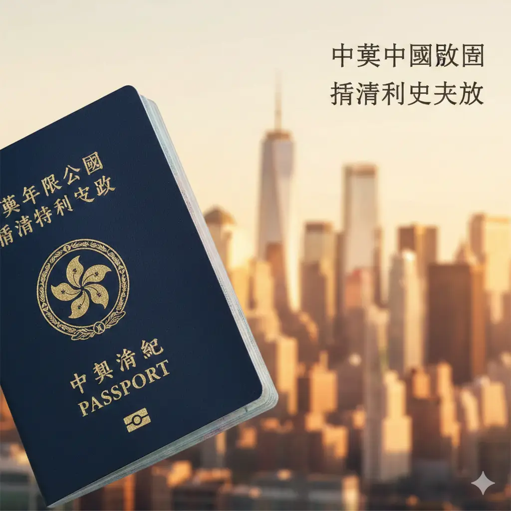 一张高质量的封面图。画面左侧近景展示一本深蓝色的香港特区护照，右侧背景是模糊处理的美国纽约曼哈顿天际线与自由女神像。阳光明媚的氛围，采用温暖的色调。构图专业，留有适当的空白处以便后期添加‘2025免签攻略’等标题文字，展现出高端旅游与商务出行的视觉质感。