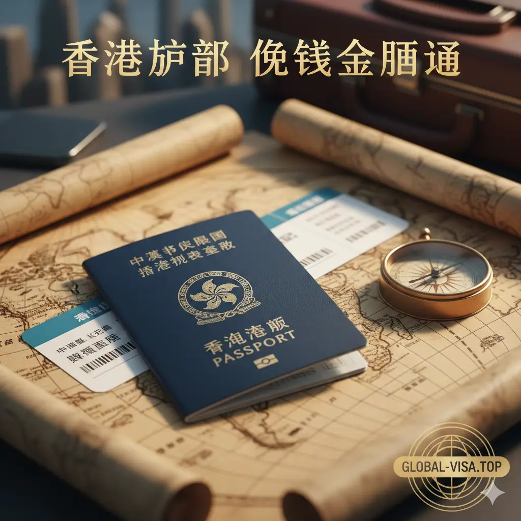 一张高质量的特写照片，展示了一本香港特别行政区护照（蓝色封面，金色紫荆花徽章）放置在一张复古风格的世界地图上。旁边有一张飞机登机牌和一个指南针，光线柔和自然，营造出高端旅行和商务出行的氛围，背景虚化处理，突显护照作为‘世界通行证’的主体地位，色调以深蓝和暖金为主，符合Global-Visa.top的专业形象。