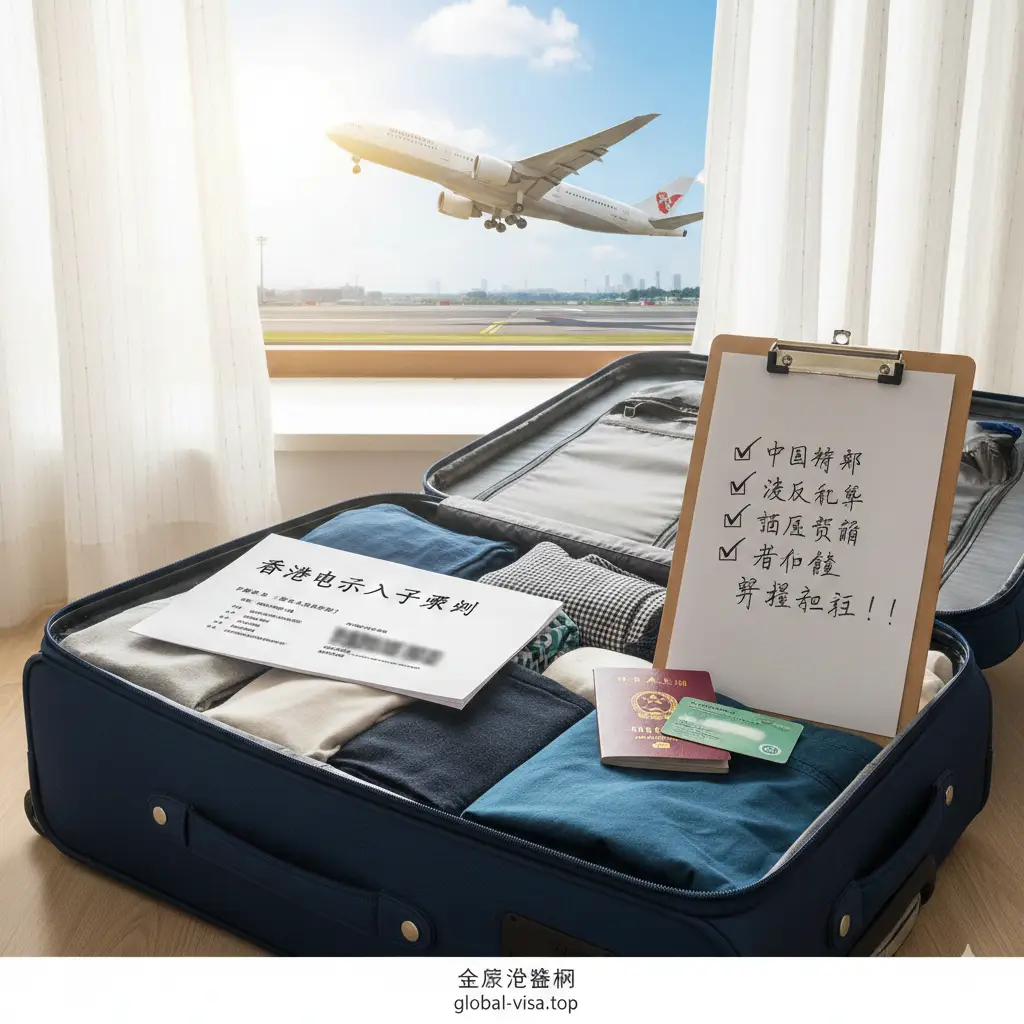 一张旅行准备完成的总结性图片。画面展示了一个打开的旅行箱，上面放着一份打印好的A4纸质“电子进入许可”文件，旁边是一个写有清单的剪贴板，列出了“护照”、“绿卡”、“机票”等项目。背景是阳光明媚的窗边，窗外是一架正在起飞的飞机，寓意一切准备就绪，即将开启顺利的旅程。色调明亮清新，给读者带来安心和期待的感觉。