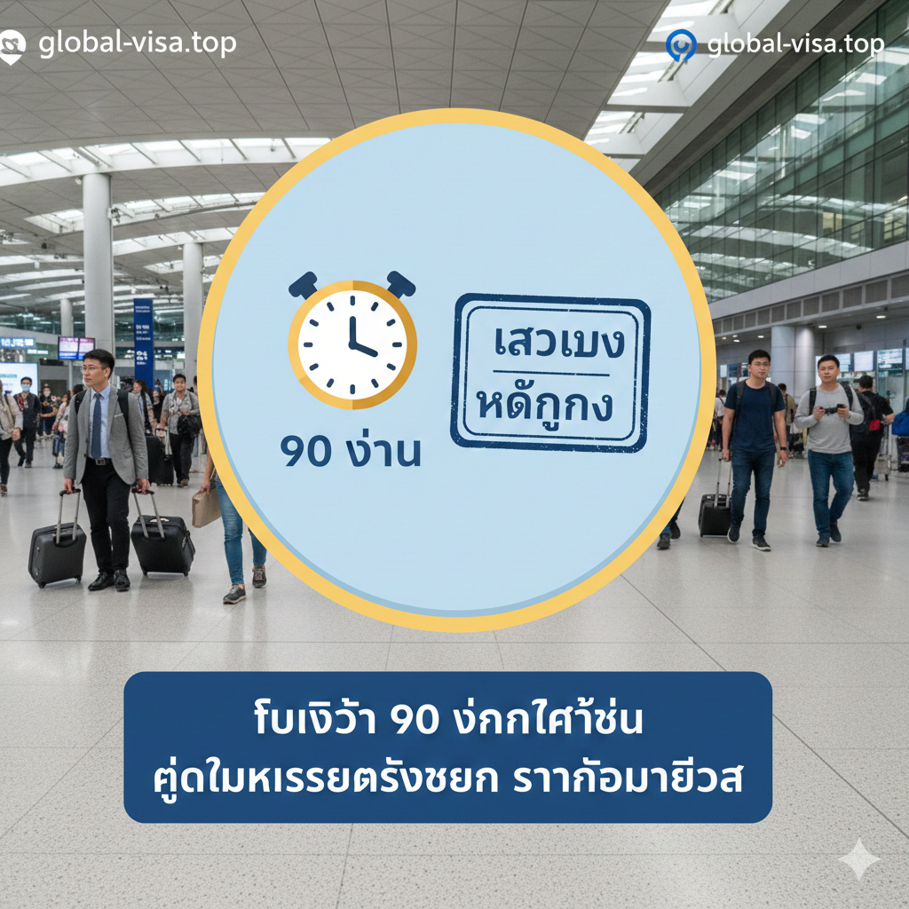 ภาพกราฟิกที่แสดงถึงสิทธิประโยชน์ของพาสปอร์ตอเมริกา ประกอบด้วยไอคอนนาฬิกาที่แสดงตัวเลข 90 วัน และตราประทับตรวจคนเข้าเมืองฮ่องกงจำลอง พื้นหลังเป็นภาพสนามบินฮ่องกงที่สะอาดและทันสมัย มีนักเดินทางถือกระเป๋าเดินทางเดินอย่างมั่นใจ ใช้โทนสีฟ้า ขาว และเหลืองทอง เพื่อเน้นความถูกต้องของข้อมูลและความสะดวกสบายในการรับสิทธิ์ฟรีวีซ่า