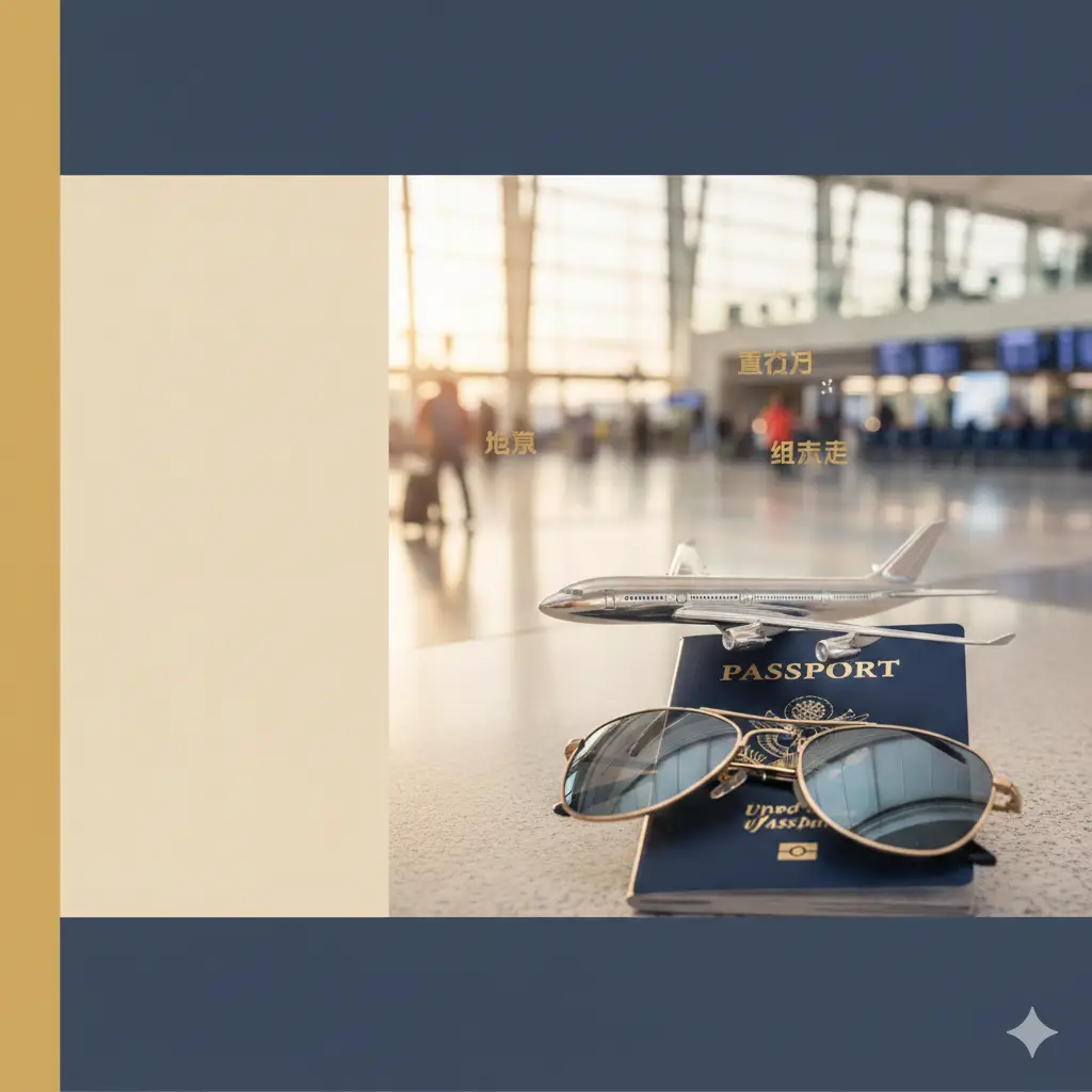 一张高质量的封面大图，中心展示一本深蓝色的美国护照，护照上方放着一架精美的金属飞机模型和一副时尚太阳镜。背景是模糊的国际机场离境大厅，阳光透过落地窗洒下金辉。画面左侧或上方留有空白，色调以海军蓝和温暖的金色为主，整体构图平衡，展现出旅行与探索的氛围，视觉焦点集中在护照封面的金色鹰徽上。