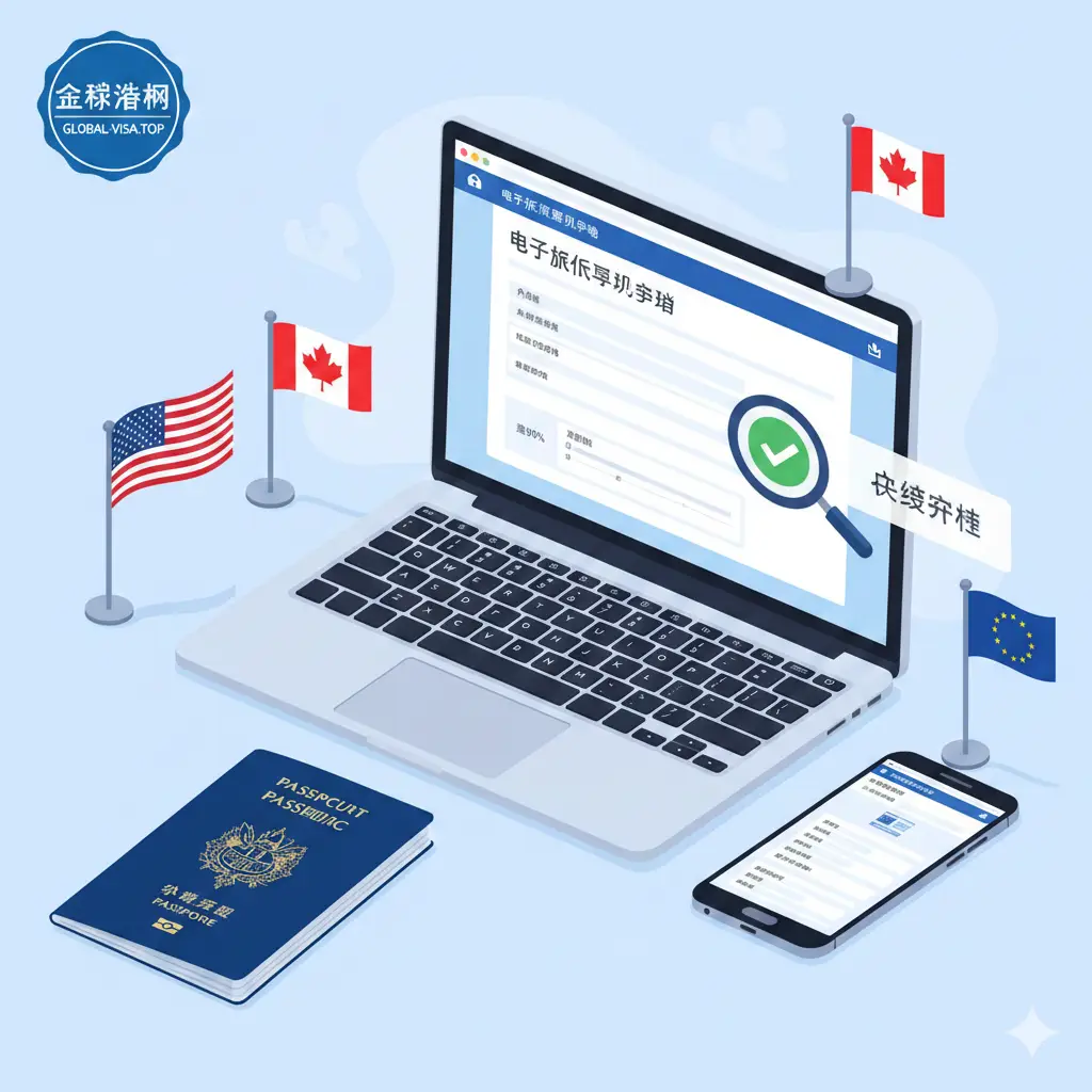 一张具有教程指导意义的插画。画面展示了一个干净整洁的办公桌面，桌面上有笔记本电脑、法国护照和一部智能手机。电脑屏幕上清晰显示着ESTA或eTA在线申请表单的模拟界面。旁边配有放大镜和绿色的勾号，象征着申请过程的便捷与高效。色彩明亮，以蓝白色调为主，旨在通过视觉引导用户理解如何申请这些电子旅行许可。