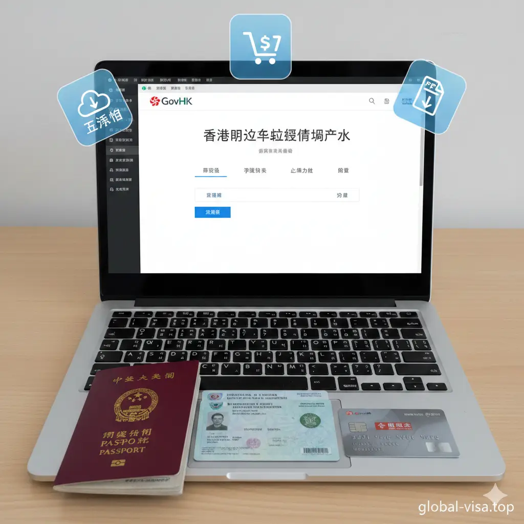 展示在线申请流程的实操场景图。视角为第一人称，拍摄一台显示着香港入境事务处（GovHK）申请页面的笔记本电脑屏幕。桌面上整齐地摆放着中国护照、美国绿卡正反面复印件以及一张信用卡，暗示准备材料和支付环节。画面中漂浮着半透明的数字图标，如“上传”、“支付”、“PDF下载”，强调电子签证的便捷性，风格科技感与实用性并重。
