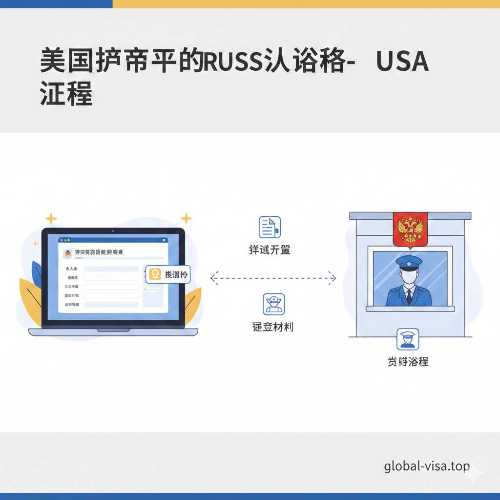 一张清晰的流程示意图或信息图风格图片,用于解释从美国申请俄罗斯签证的步骤。画面分为左右或上下结构,左侧展示一台笔记本电脑屏幕显示着'visa.kdmid.ru'的填写界面,右侧展示一个带有俄罗斯国徽的领事馆窗口插画。中间通过虚线箭头连接,箭头上标注着'Invitation Letter'(邀请函)、'Form'(表格)、'Consulate'(领馆)三个关键节点图标。色彩采用global-visa.top的品牌色调,风格现代简约,帮助用户快速理解办理流程。
