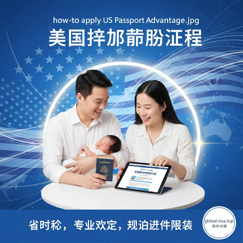 一张展示global-visa.top专业优势的视觉图。画面呈现一个温馨的华裔家庭（父母和新生儿）正在愉快地讨论护照办理。