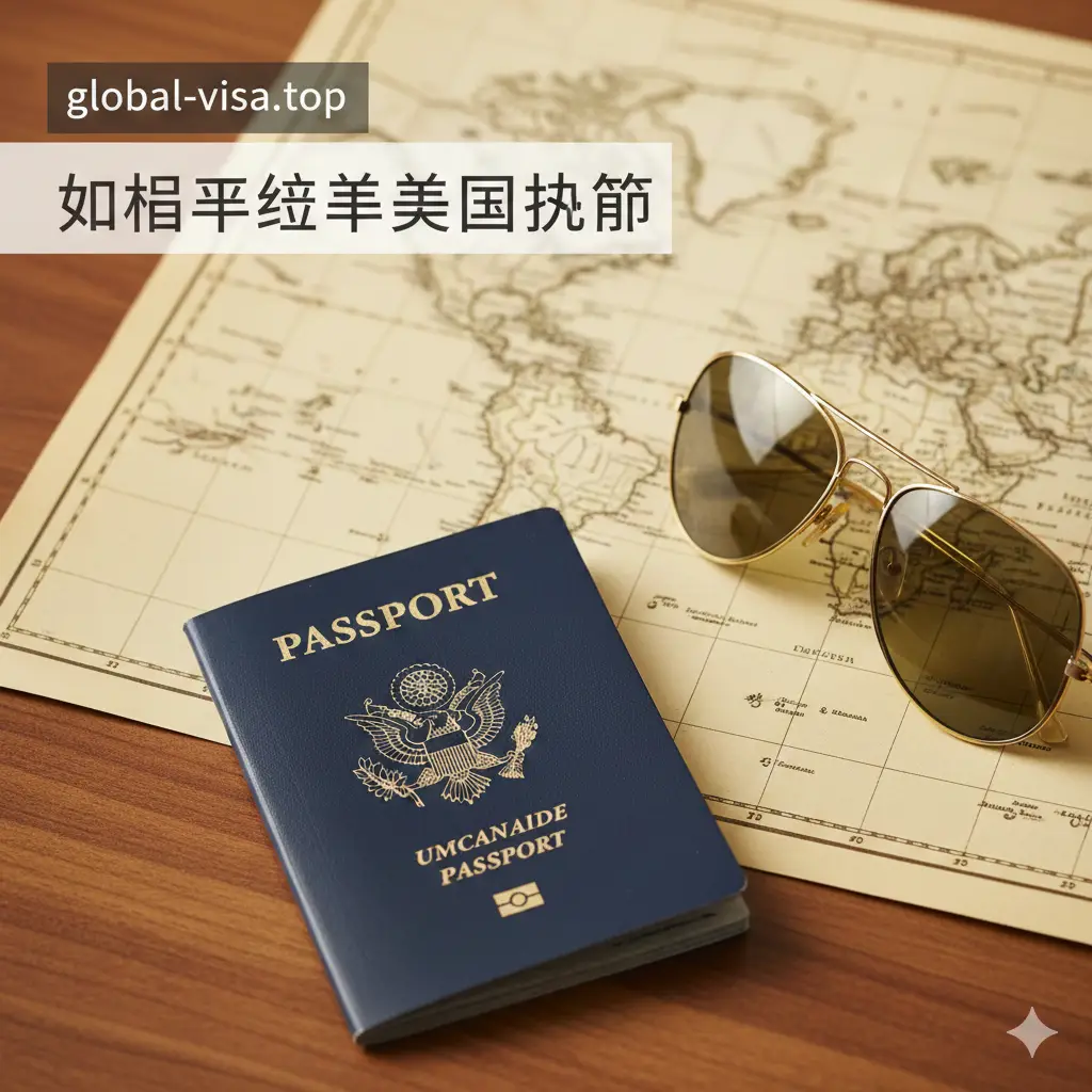 一张高质量的特写封面图，背景是一个深蓝色封面的美国护照，放置在干净的办公桌或木质纹理上。护照旁边有一副高品质墨镜和一张世界地图，象征着全球旅行。