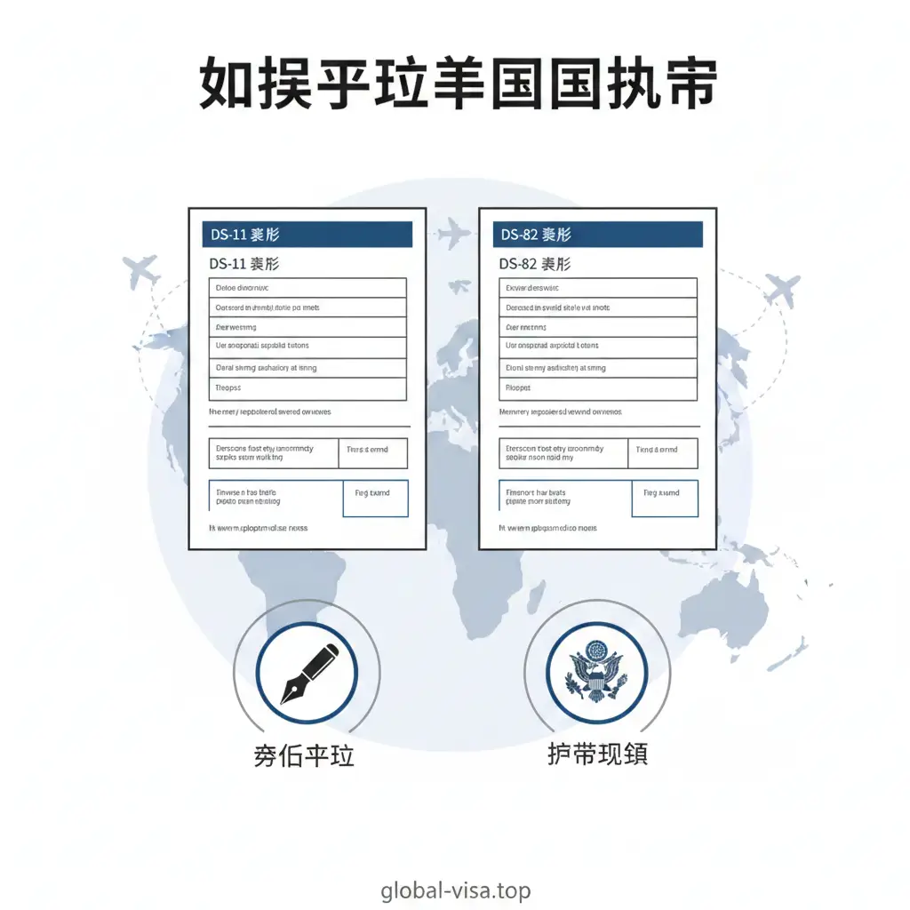 一张展示不同申请表格区分的功能对比图。画面中心是一个清晰的DS-11表格和DS-82表格的对比示意图，周围环绕着标志性的元素。