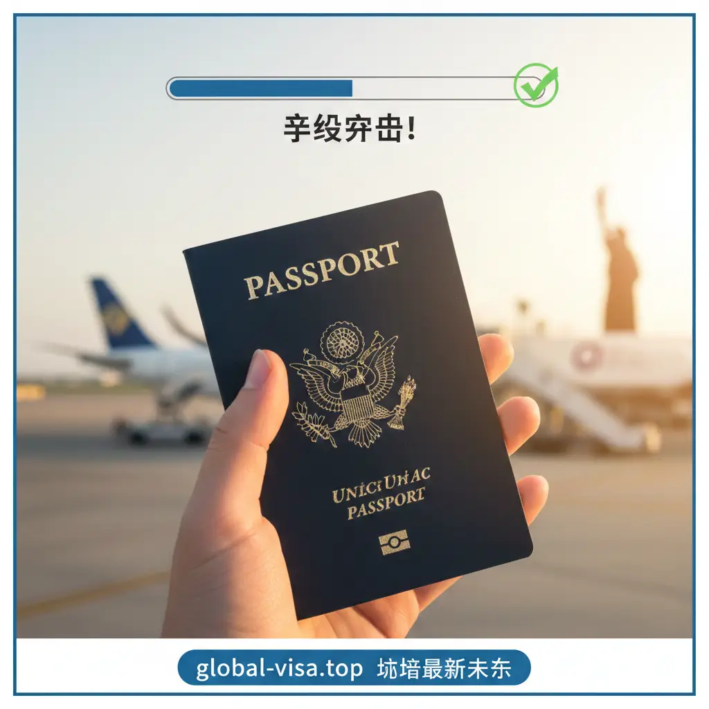 一张总结性的信息图，展示成功申请后的喜悦。画面展示一只手拿着刚收到的全新美国护照，背景是模糊的国际机场登机口。