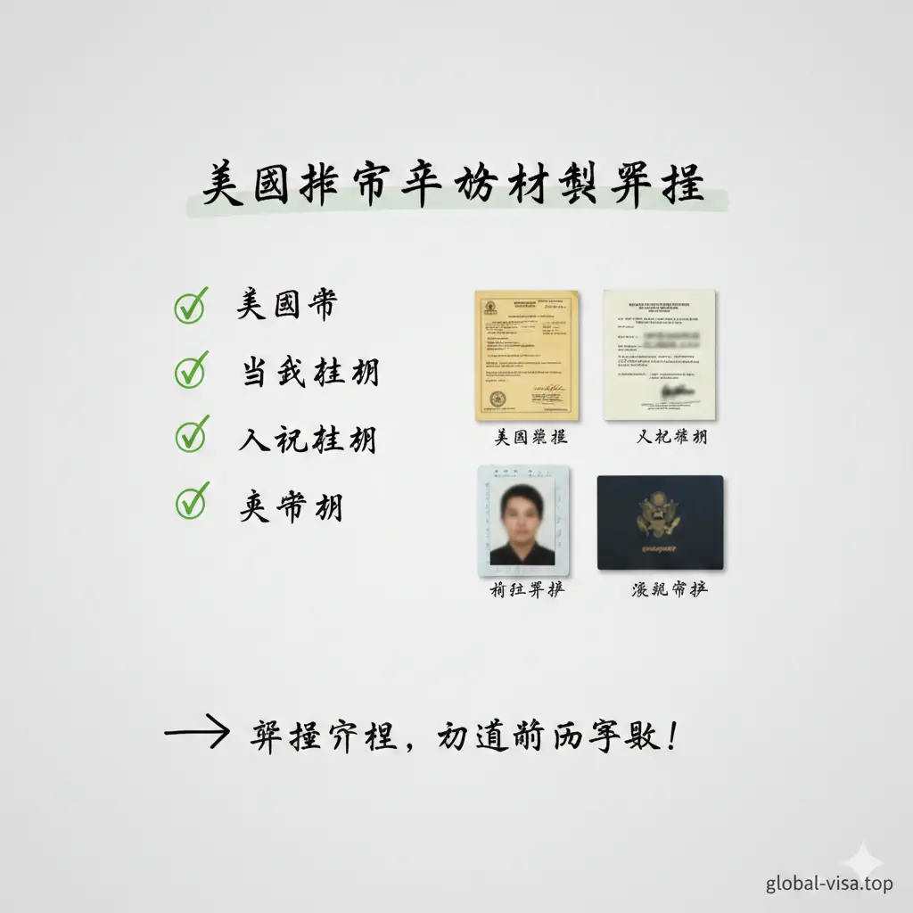 一张详细的步骤教程插图，展示准备申请材料的过程。画面包含一个Checklist清单列表，上面整齐地摆放着美国出生证明、入籍纸原件、一张2x2英寸的标准护照照片以及有效的驾照复印件。