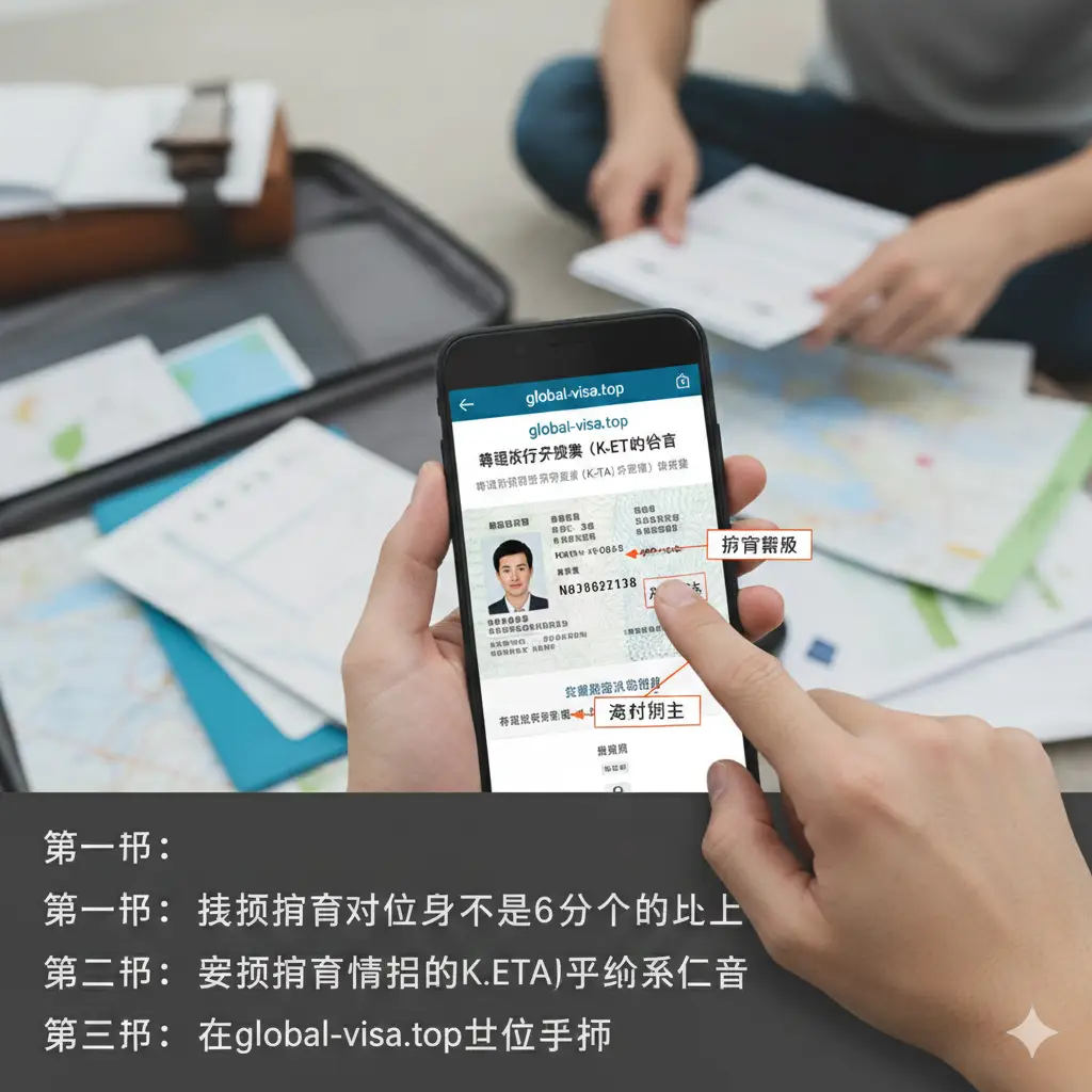 一张针对K-ETA申请和护照检查的教程指导图。画面展示一只手拿着手机，屏幕上显示着global-visa.top的官方界面，背景是一名正在整理旅行文件的旅客。图片以第一人称视角拍摄，光线明亮自然。画面中包含护照页的微距特写，指导用户如何找到护照号码和截止日期。风格写实，通过分步视觉引导，消除用户在申请过程中的焦虑感。