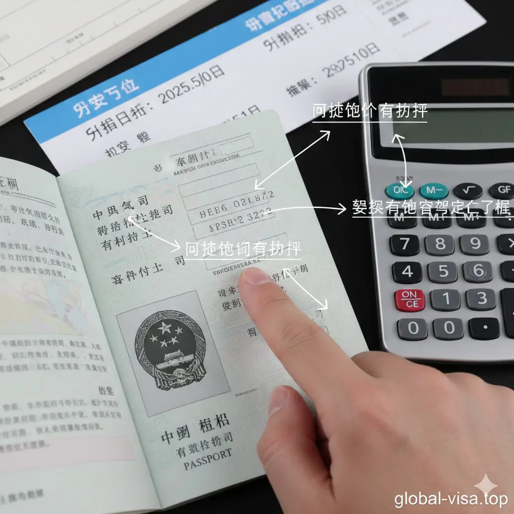 一张特写视角的实操教程图。画面主要展示一只手持着护照的个人信息页,手指准确地指向'Date of Expiry'(有效期至)这一栏。旁边放置着一个计算器和一张机票,机票上的出发日期清晰可见。画面通过视觉引导,展示如何以'离境日期'或'入境日期'为基准向前倒推计算有效期。光线集中在护照信息页上,细节清晰锐利,风格写实,具有很强的指导意义。