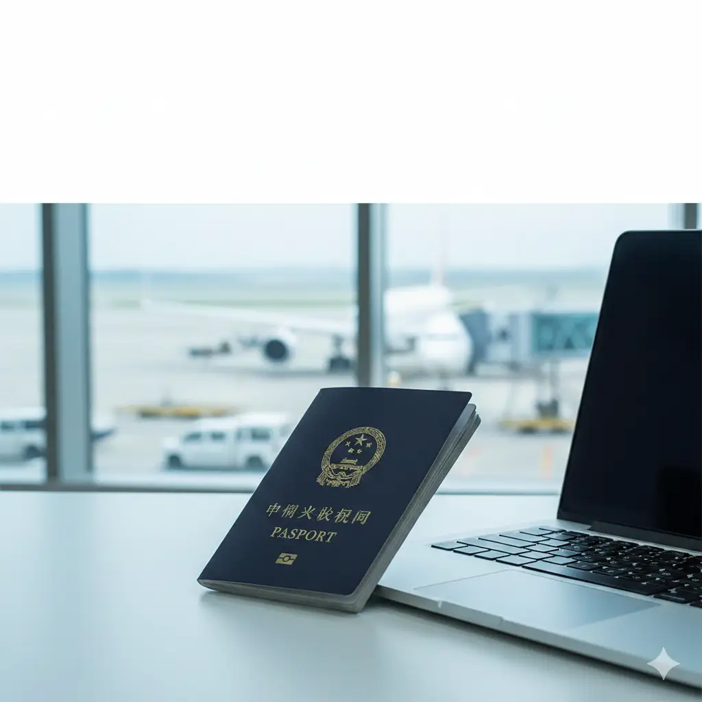 一张高质量的商务旅行风格封面图。画面中心是一个精致的深蓝色中国护照本，斜靠在笔记本电脑键盘旁边，背景是模糊的机场航站楼玻璃窗和远处的飞机。光线明亮且柔和，呈现出一种高效、专业的氛围。图片上方留有空白区域，方便添加标题文字，整体色调以科技蓝和极简白为主，体现global-visa.top的专业签证服务形象。