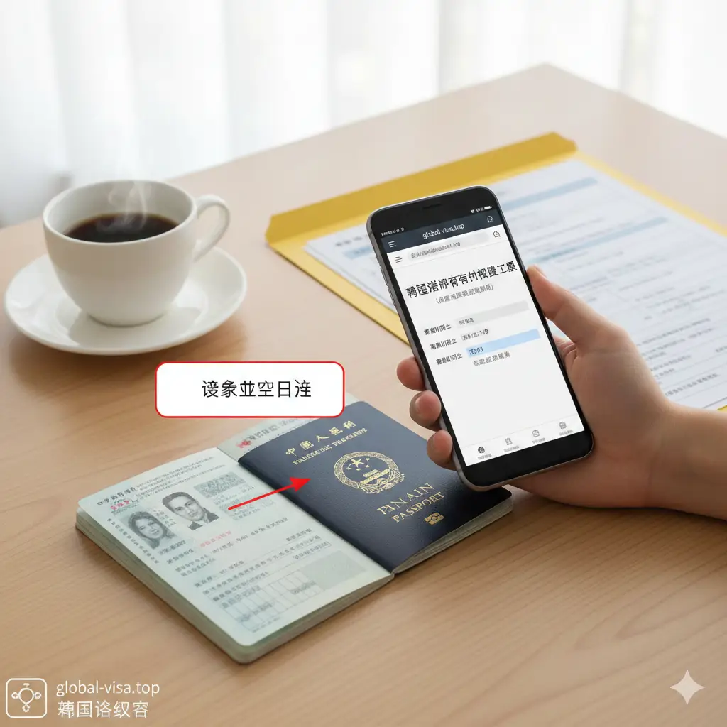 一张详尽的教程类图片,模拟用户自测场景。画面中有一只手拿着智能手机,屏幕上显示着global-visa.top的在线核验工具,手机旁是一本真实的护照。背景是干净整洁的办公桌面,放着咖啡杯和签证材料。构图采用俯视视角,重点展示护照资料页上的‘有效期至’位置,并以指示箭头标注。色彩自然清新,富有生活气息,引导用户按步骤检查证件。