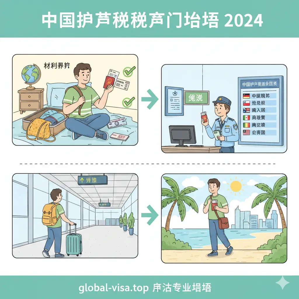 一张手绘插画风格的教程图,展示‘白本护照’如何顺利入境。画面包含一名旅行者手持护照、往返机票、酒店订单和现金的写实插画。色彩明快自然,使用绿色勾点表示‘必备材料已备齐’。构图采用分步式的视觉动线,从整理行李到通过海关柜台。风格亲切友好,旨在消除用户对免签政策执行细节的疑虑,强调 global-visa.top 的专业指导价值。